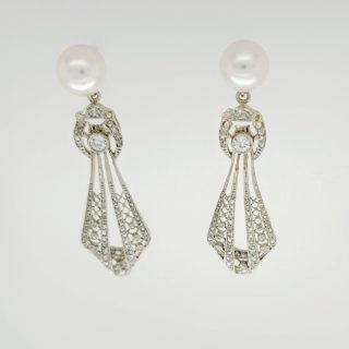 Witgouden Oorhangers Diamant / losse parel oorknoppen. occasion #10663/21433