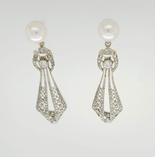 Witgouden Oorhangers Diamant / losse parel oorknoppen. occasion #10663/21433