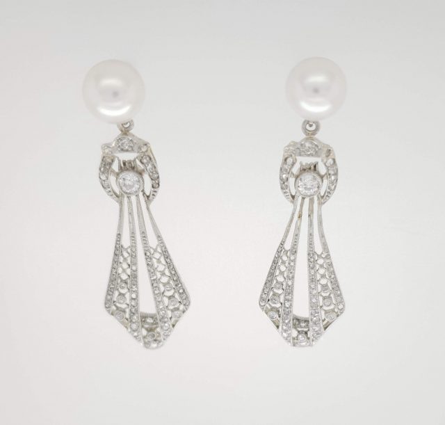 Witgouden Oorhangers Diamant / losse parel oorknoppen. occasion #10663/21433 - Afbeelding 3