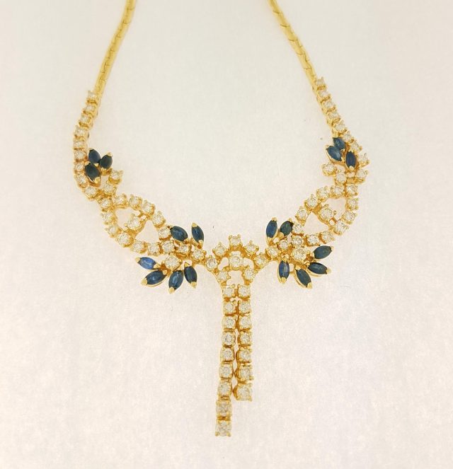 18 karaat geelgouden vintage choker / collier met saffier en diamant #22817