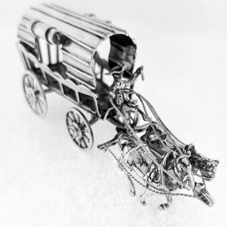 Zilveren miniatuur huifkar met paarden #22936