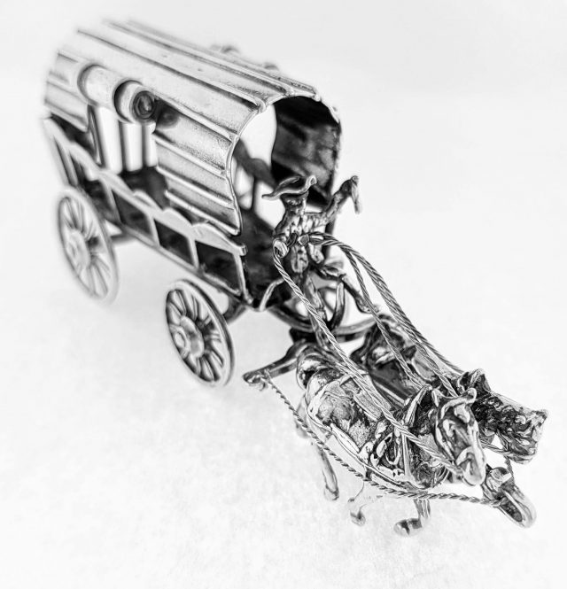 Zilveren miniatuur huifkar met paarden #22936