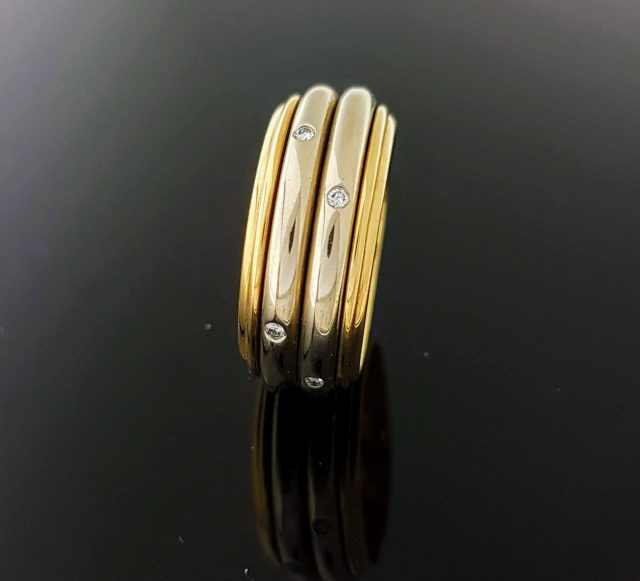 Bicolor gouden ring met draaibare middenringen  met diamantjes. #8321 - Afbeelding 3