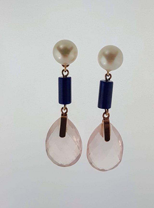 14 karaat gouden oorhangers met lapis, parel en rosequarts #19491