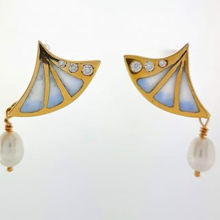 Roségouden oorknoppen met parels, diamanten en emaille #6235