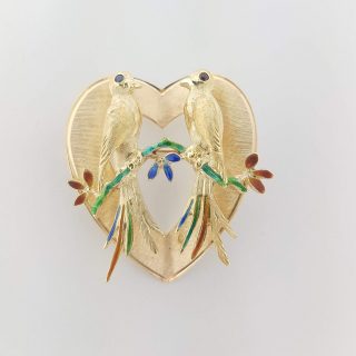 Hart broche met 2 vogels en emaille vintage #23870