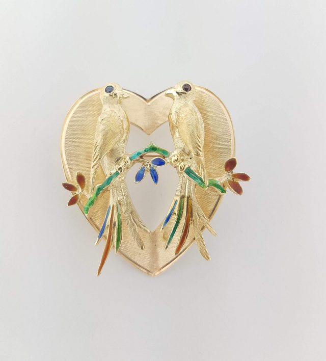 Hart broche met 2 vogels en emaille vintage #23870