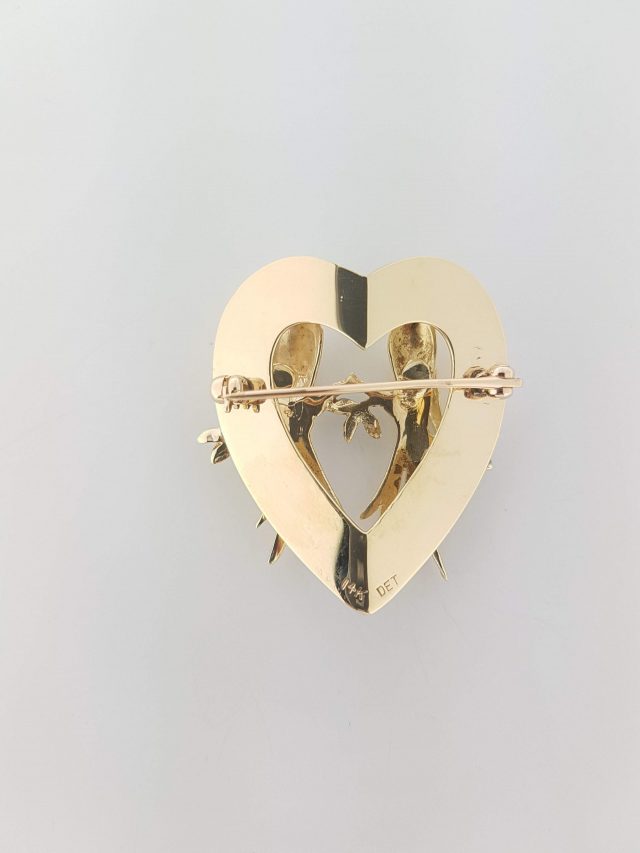 Hart broche met 2 vogels en emaille vintage #23870 - Afbeelding 3