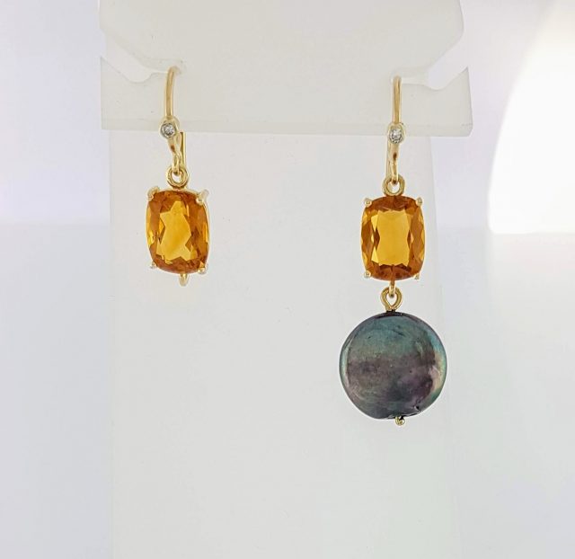 Oorhangers met Citrien, Palmier kleur met diamantje en wisselbare parels, wit en zwart. #24279 - Afbeelding 5