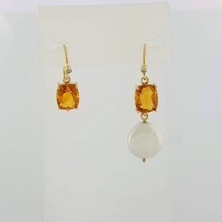 Oorhangers met Citrien, Palmier kleur met diamantje en wisselbare parels, wit en zwart. #24279
