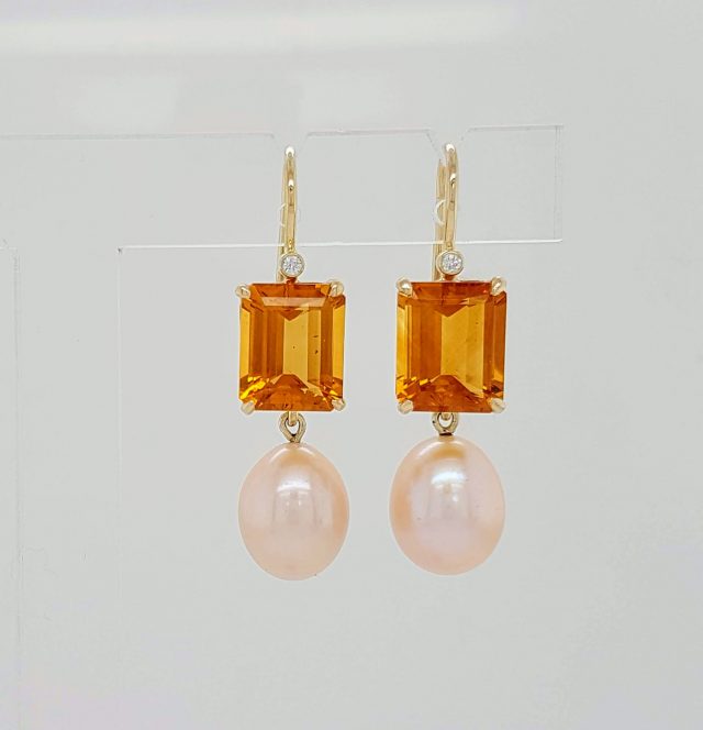 Gouden oorhangers Palmier Citrien m/z Parels en diamantje #24614