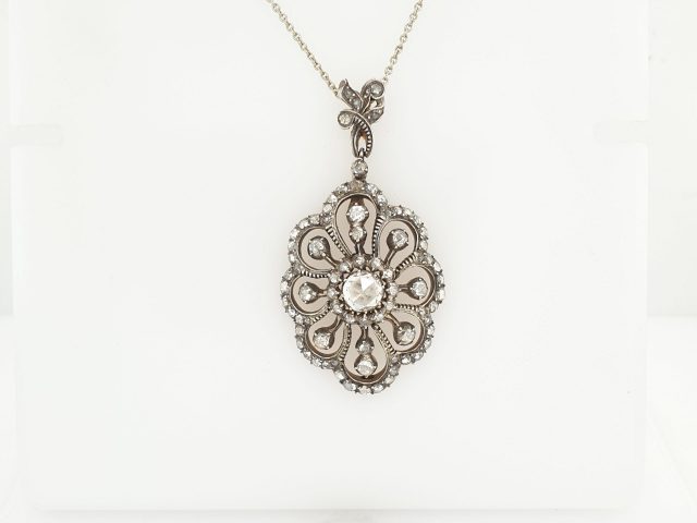 Zilveren Roosdiamanten hanger met gouden achterkant. Vintage, incl. witgouden bijpassende ketting. #24785 - Afbeelding 3