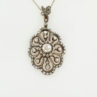 Zilveren Roosdiamanten hanger met gouden achterkant. Vintage, incl. witgouden bijpassende ketting. #24785