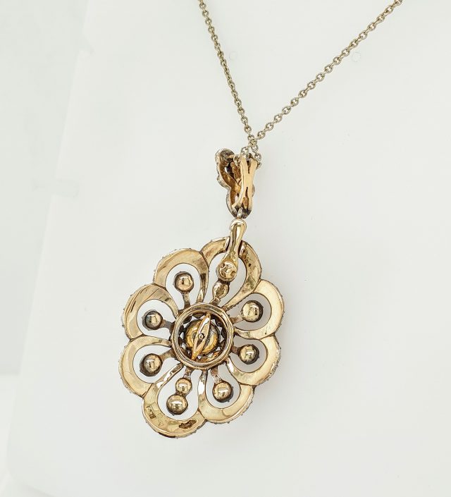 Zilveren Roosdiamanten hanger met gouden achterkant. Vintage, incl. witgouden bijpassende ketting. #24785 - Afbeelding 2