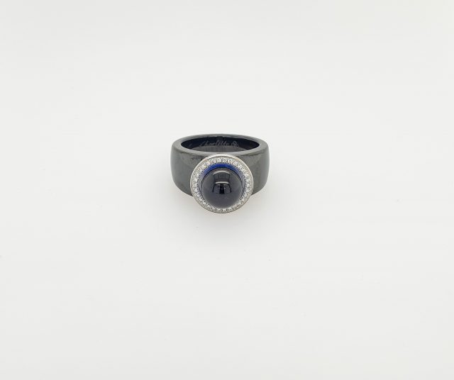 Keramische ring met blauwe bol van Charlotte Ehinger-Schwarz met diamantjes #24765