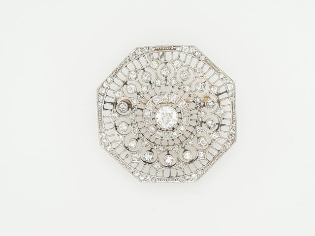 Platina broche met Bolsjewiek geslepen diamanten totaal 2.44 crt. Occasion #24775 - Afbeelding 3