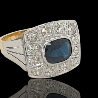 14 Karaat Art Deco ring met Saffier en diamant, vintage. #24776