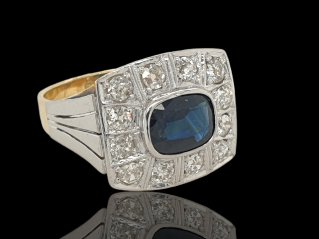 14 Karaat Art Deco ring met Saffier en diamant, vintage. #24776