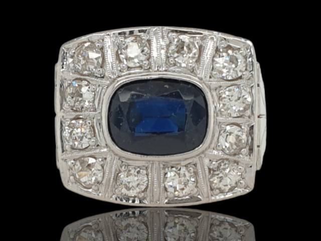 14 Karaat Art Deco ring met Saffier en diamant, vintage. #24776 - Afbeelding 3