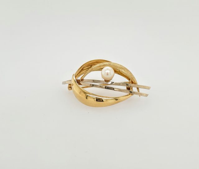 14 Karaat bicolor gouden broche met parel, Occasion #20053