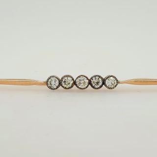 14 karaat gouden vintage staafbroche bezet met 5 bolsjewiek geslepen diamanten #22089