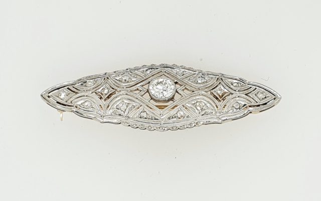 14 karaat platina broche bezet met diamant, occasion #22609