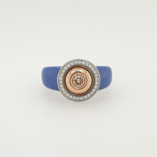 Blauwe keramische ring met Citrien in een 18 karaat rosé gouden kopje met diamanten randje in staal van Charlotte / Ehinger Schwarz. #25194/23051/ 15831