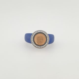 Blauwe keramische ring met hol rosé gouden kopje en rand met briljant. #25194 /#21836 / #15831 Ehinger Schwarz