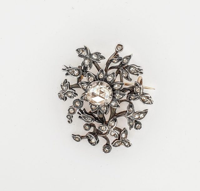 Diamantbroche van zilver met goud. Antiek occasion #25558