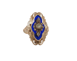 Gouden vintage ring van 14 karaat goud met blauw emaille. #26265