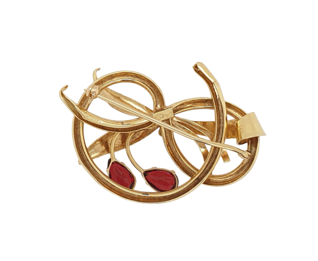 Gouden broche met 2 druppelvormige granaten. Handgemaakte occasion van 18 karaat goud #26428 - Afbeelding 2