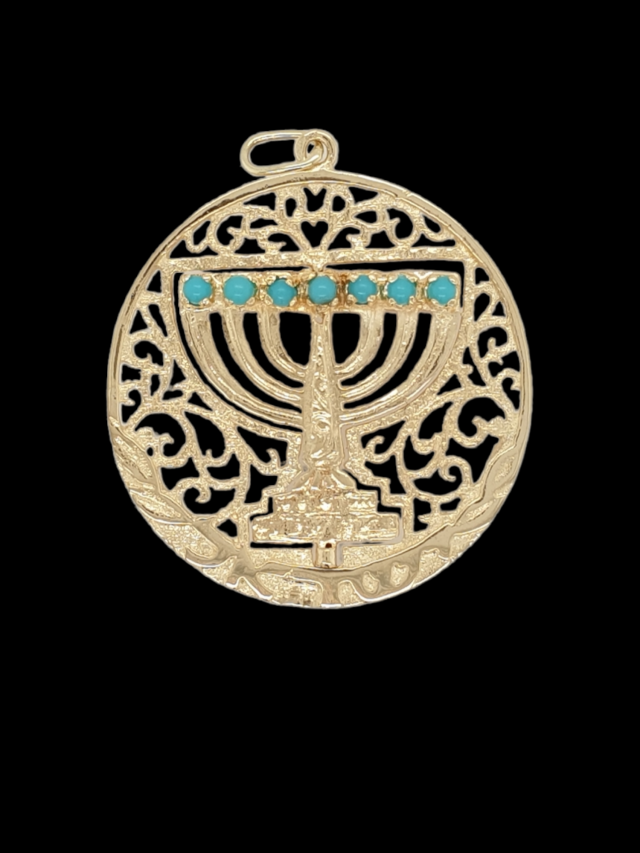 Israëlische Menora hanger met rode en turkoois kleurige stenen. 14 karaat 2e hands #26472 - Afbeelding 2