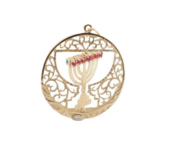 Israëlische Menora hanger met rode en turkoois kleurige stenen. 14 karaat 2e hands #26472 - Afbeelding 3