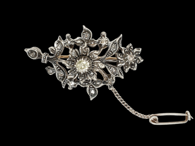Roosdiamanten broche van zilver / goud. Vintage # 26502