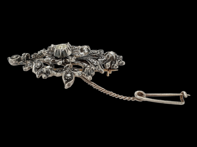 Roosdiamanten broche van zilver / goud. Vintage # 26502 - Afbeelding 3