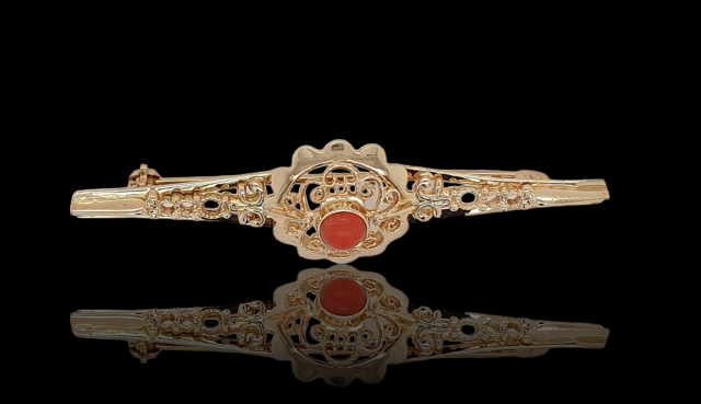 Gouden broche met 1 Bloedkoraal. Vintage #26574 - Afbeelding 2