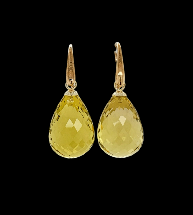 Lemonquarts druppel / pendule oorhangers met gouden haak. #26858