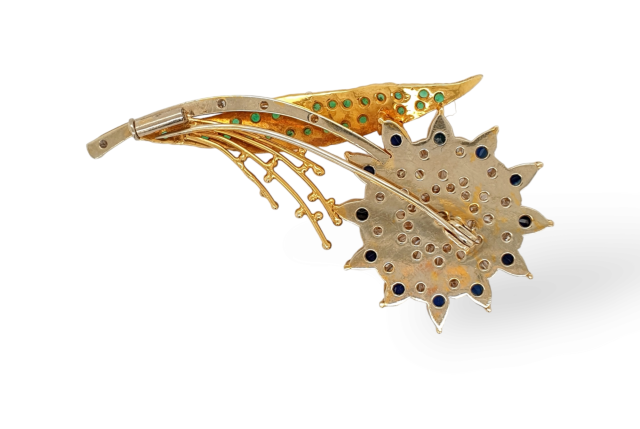 Gouden bloembroche met Saffier Diamant en Smaragd. Occasion #26865 - Afbeelding 3