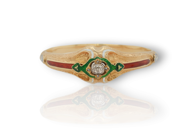 Antieke geëmailleerde gouden armband met diamant, occasion. #26885
