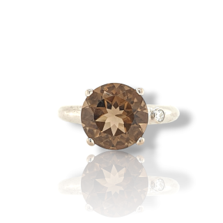 Witgouden ring met rookkwarts en diamant #26920