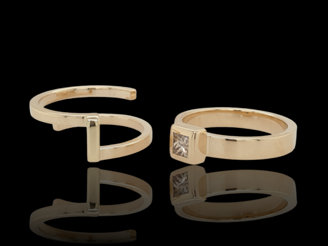 14 Karaat gouden herenring met een princess geslepen lichtbruine diamant. #27536 - Afbeelding 2