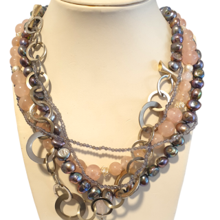 Grijze Parel / Roze Quarts / Titanium / Zilver samengesteld collier. #27741