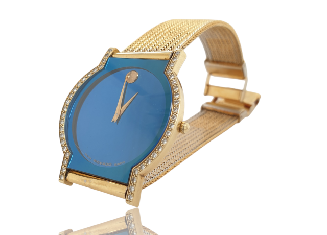 Gouden blauwe Movado herenpolshorloge doublé band #27824