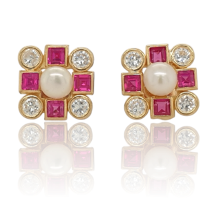 18 Karaat gouden oorknoppen met robijn, diamant en parel. #28049