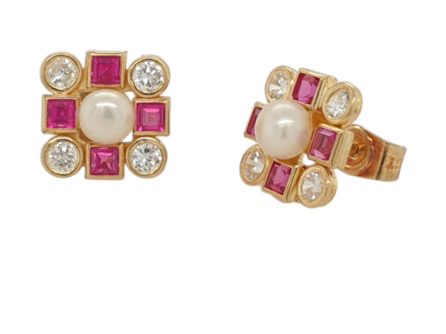 18 Karaat gouden oorknoppen met robijn, diamant en parel. #28049 - Afbeelding 2