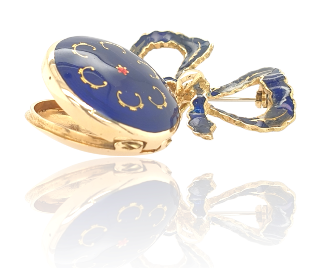 Blauw emaille broche met medaillon. 14 karaat geelgoud. #28161 - Afbeelding 3