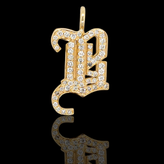 Gouden hanger letter B. bezet met kleine diamantjes # 28181
