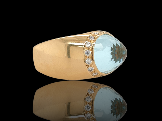 Unieke handgemaakte gouden ring (van Arnold van Dodewaard) aquamarijn/diamant Occasion #28483 - Afbeelding 3