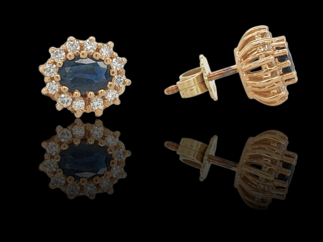 Gouden oorknoppen met saffier en diamant. Occasions. #28571 - Afbeelding 2