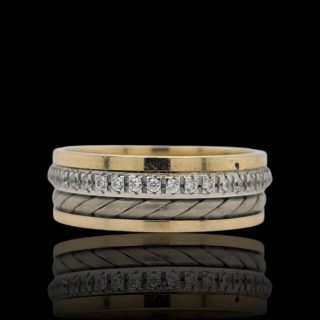 14 karaat bicolor gouden mannen ring met gevlochten band en zirkonia's - occasion #28785